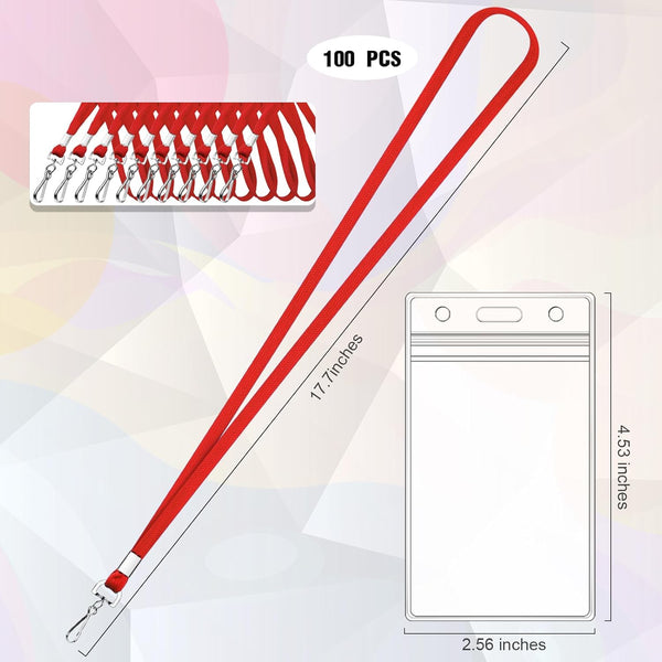 100 Pack Badge Lanyards with ID Card Holders Red Lanyards