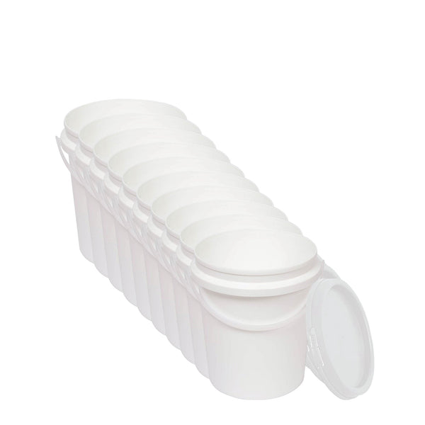 10x 1.2L Plastic Buckets + Lids - Food Grade Empty White