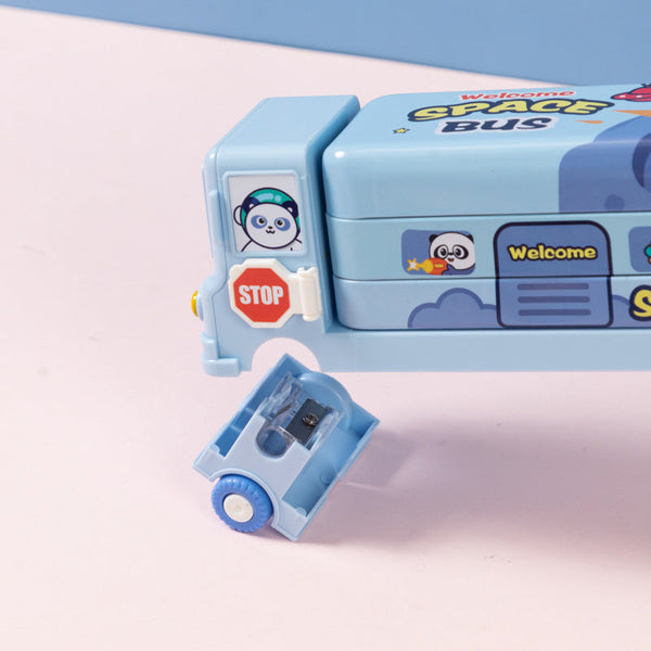 2-pcs Blue Fun School Bus Pencil Box with Built-in