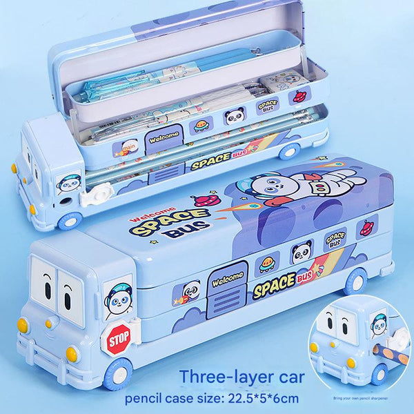 2-pcs Blue Fun School Bus Pencil Box with Built-in