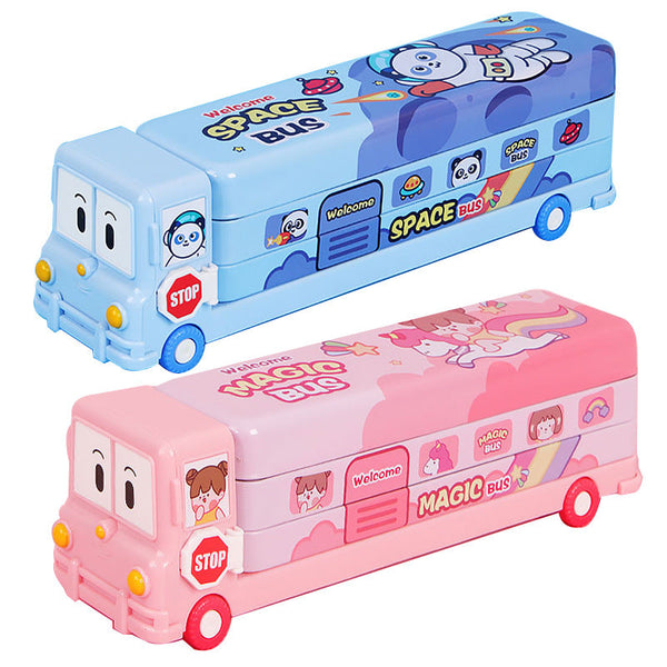 2-pcs (One pink and one blue) Fun School Bus Pencil Box