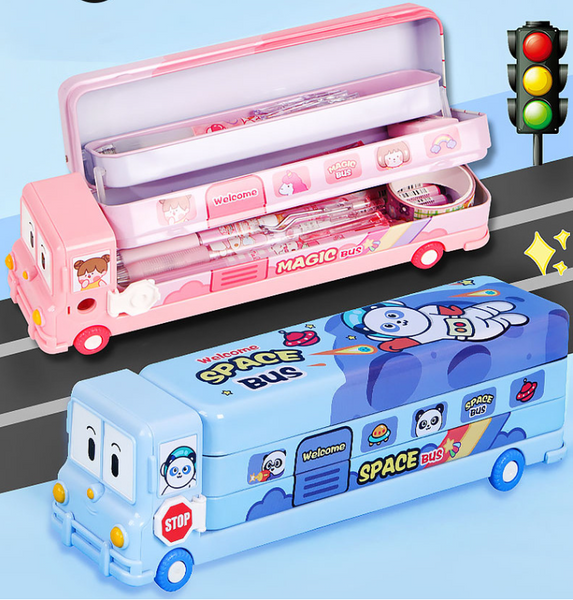 2-pcs (One pink and one blue) Fun School Bus Pencil Box