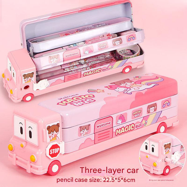2-pcs Pink Fun School Bus Pencil Box with Built-in