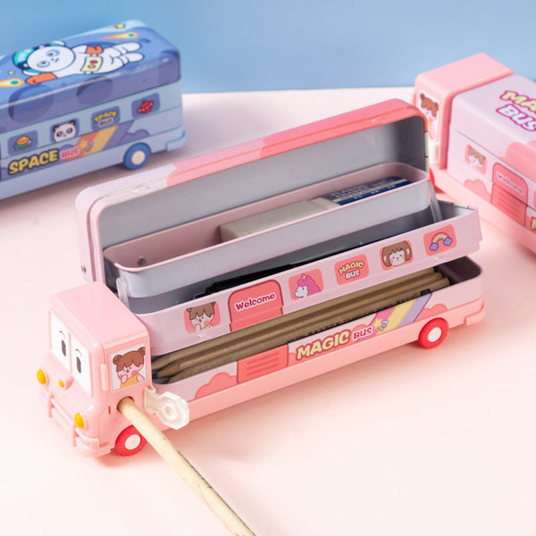 2-pcs Pink Fun School Bus Pencil Box with Built-in