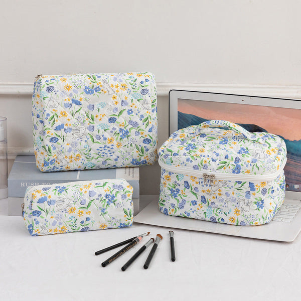3SET Quilted Floral Makeup Bag Collection Cute Rabbit