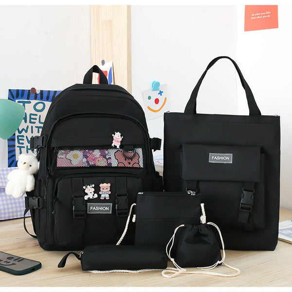 5 Piece Aesthetic School Backpack Set Black Oxford Fabric