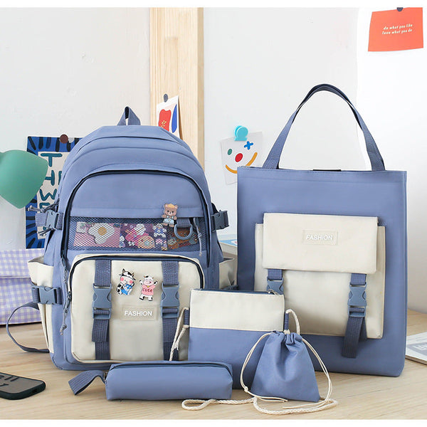 5 Piece Aesthetic School Backpack Set Blue Oxford Fabric