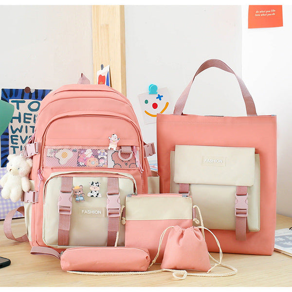5 Piece Aesthetic School Backpack Set Pink Oxford Fabric