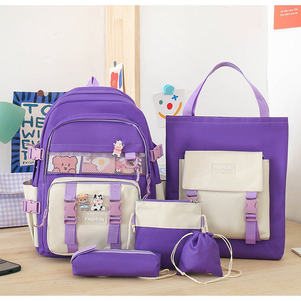 5 Piece Aesthetic School Backpack Set Purple Oxford Fabric
