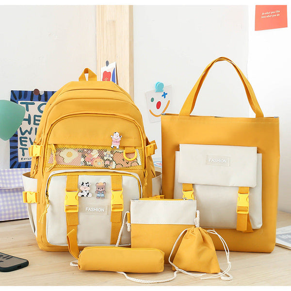 5 Piece Aesthetic School Backpack Set Yellow Oxford Fabric