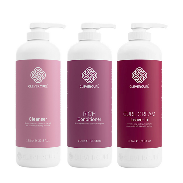 Clever Curl Cleanser and Rich Conditioner 1000ml + Curl Cream (3pc)