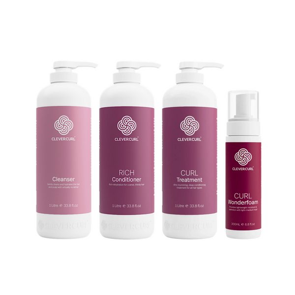 Clever Curl Cleanser and Rich Conditioner 1L + Treatment + Wonderfoam (4pc)