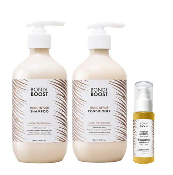 Bondi Boost Rapid Repair Bond Builder Shampoo & Conditioner 500ml & Finishing Oil 60ml Trio