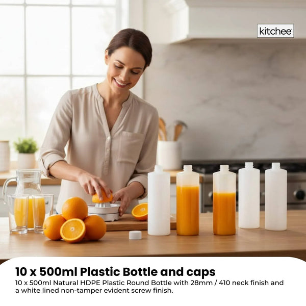 10x 500ml Clear HDPE Round Bottle + 28/410 Caps - Empty Plastic Food Storage