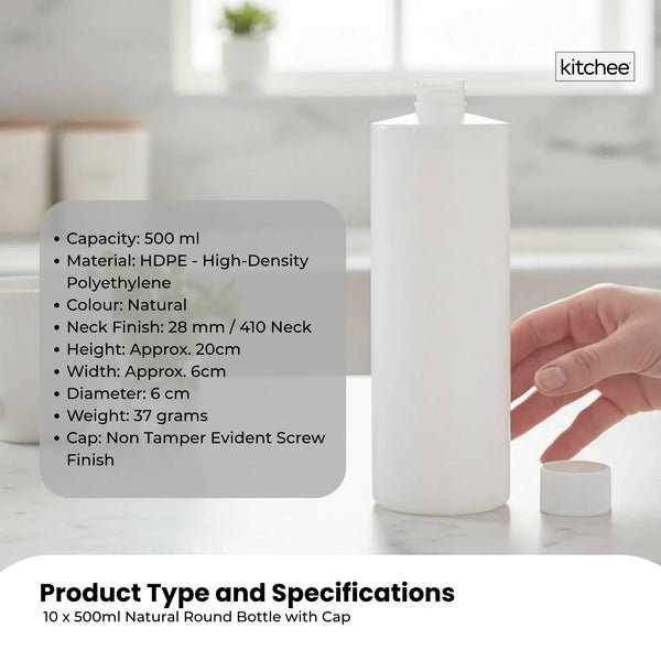 10x 500ml Clear HDPE Round Bottle + 28/410 Caps - Empty Plastic Food Storage