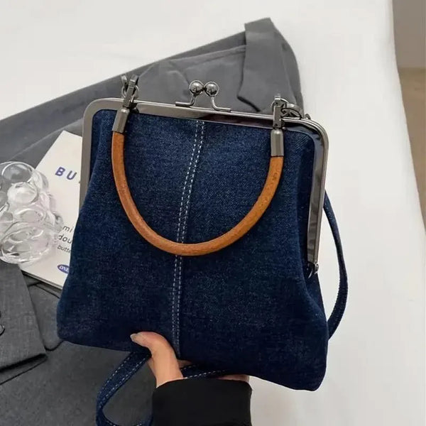 Small Handbag Women Tote Bag Cowboy Splicing Crossbody Shoulder Satchel Bag - Dark Blue