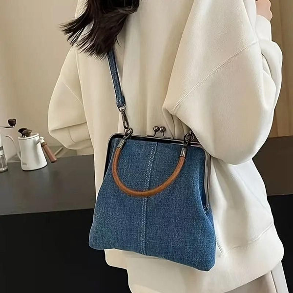 Small Handbag Women Tote Bag Cowboy Splicing Crossbody Shoulder Satchel Bag - Dark Blue