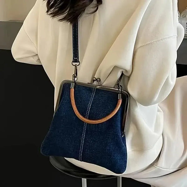 Small Handbag Women Tote Bag Cowboy Splicing Crossbody Shoulder Satchel Bag - Dark Blue