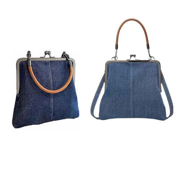 Small Handbag Women Tote Bag Cowboy Splicing Crossbody Shoulder Satchel Bag - Light Blue