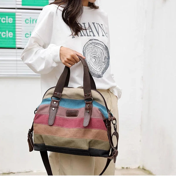 Rainbow Stripe Canvas Bag Patchwork Tote Bag Fashion Handbag Women Shoulder Bag
