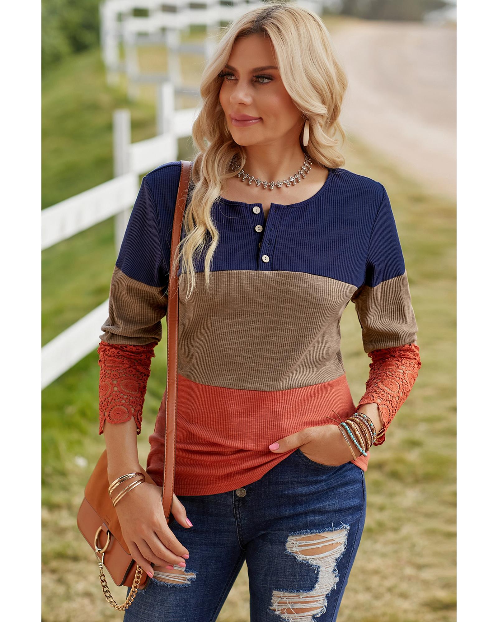 Azura Exchange Lace Splicing Color Block Long Sleeve Top - 2XL