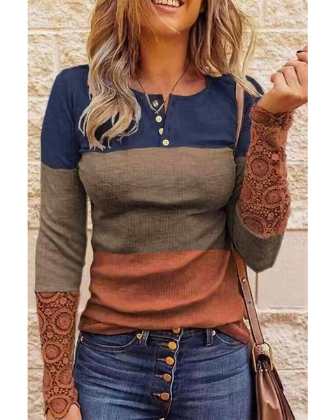 Azura Exchange Lace Splicing Color Block Long Sleeve Top - 2XL