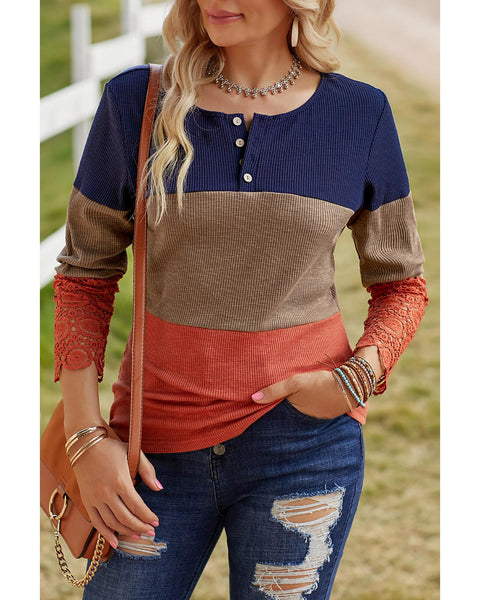 Azura Exchange Lace Splicing Color Block Long Sleeve Top - 2XL