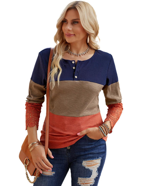 Azura Exchange Lace Splicing Color Block Long Sleeve Top - 2XL