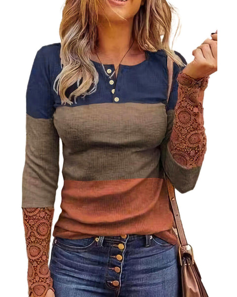 Azura Exchange Lace Splicing Color Block Long Sleeve Top - 2XL