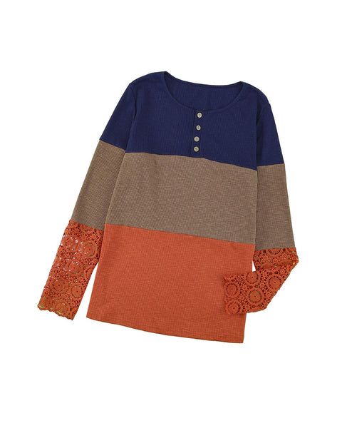 Azura Exchange Lace Splicing Color Block Long Sleeve Top - 2XL