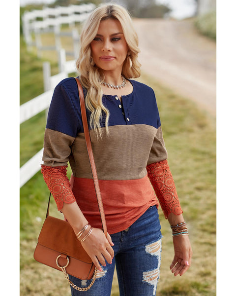 Azura Exchange Lace Splicing Color Block Long Sleeve Top - 2XL