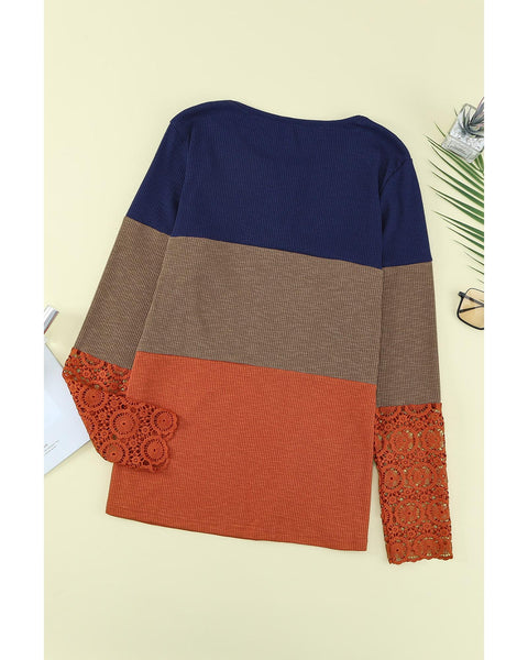 Azura Exchange Lace Splicing Color Block Long Sleeve Top - 2XL