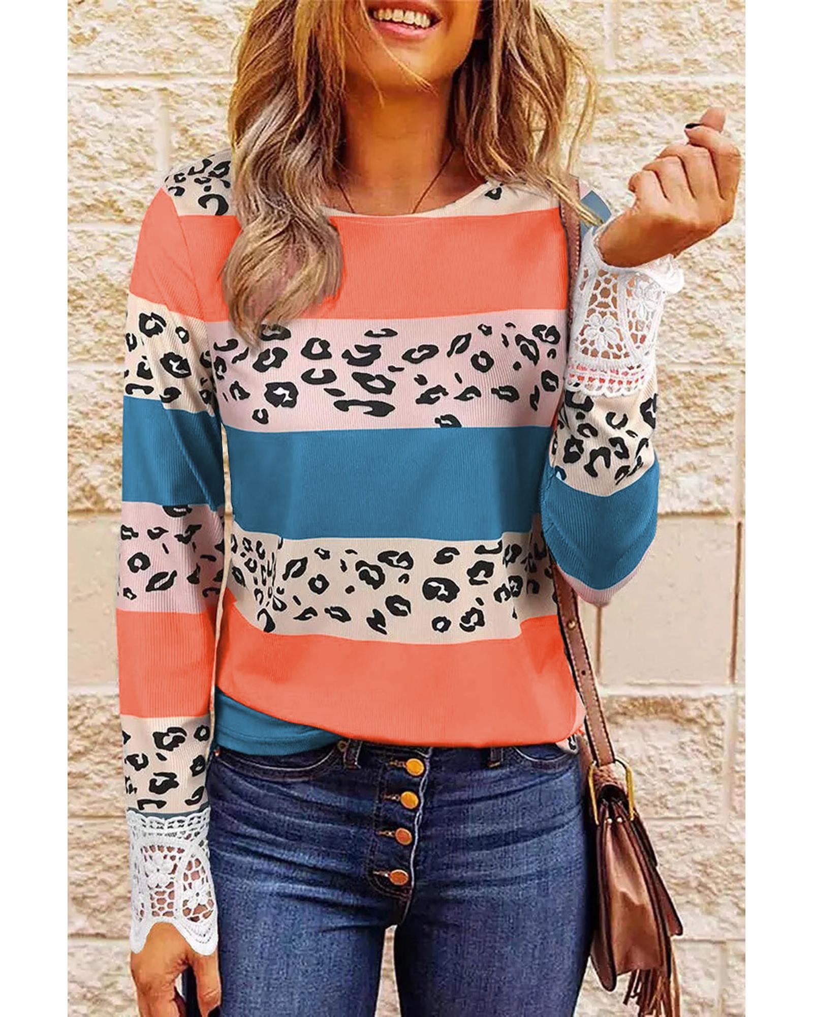Azura Exchange Leopard Lace Splicing Color Block Top - 2XL