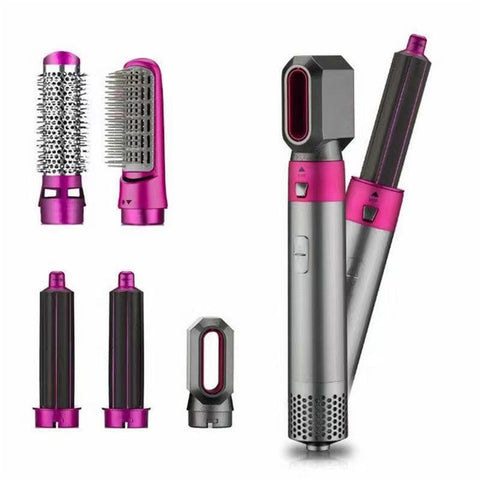 Rose Red 5-in-1 Hot Air Styler - Automatic Hair Curling and Straightening Brush with Leafless Dryer