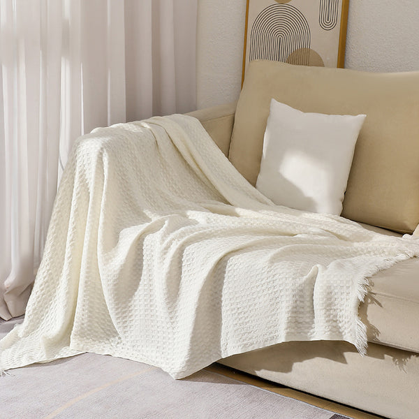 130*230CM Off White Nordic Solid Color Knitted Sofa Throw Blanket with Tassels – Waffle Weave Polyester Decorative Blanket