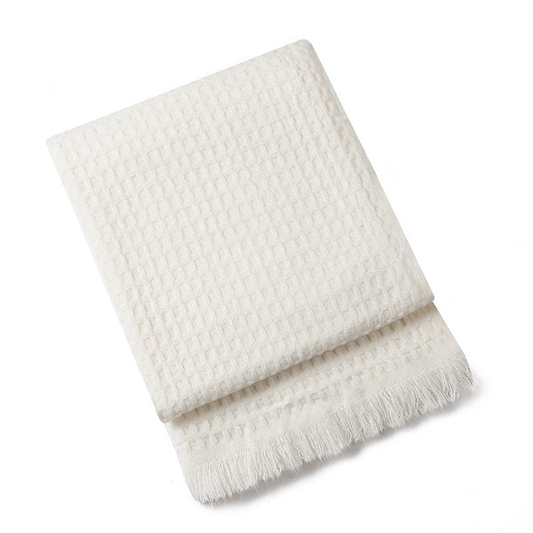 130*230CM Off White Nordic Solid Color Knitted Sofa Throw Blanket with Tassels – Waffle Weave Polyester Decorative Blanket