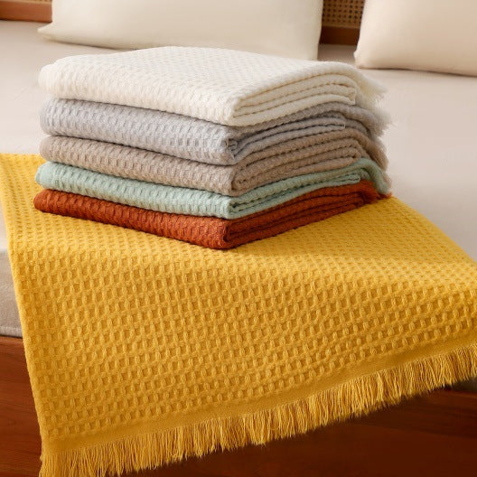 130*230CM Off White Nordic Solid Color Knitted Sofa Throw Blanket with Tassels – Waffle Weave Polyester Decorative Blanket