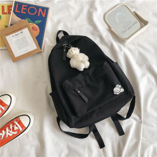 Aesthetic Black School Backpack with Cute Bear Plushie