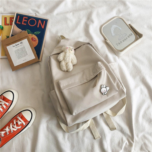 Aesthetic Off-white School Backpack with Cute Bear Plushie