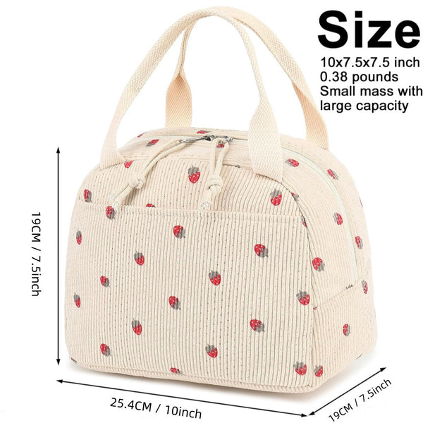 Beige Checkered Pattern Corduroy Lunch Bag - Insulated