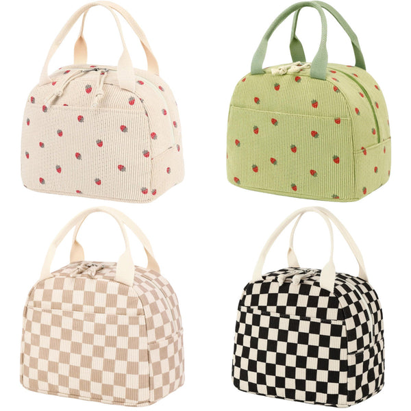 Beige Checkered Pattern Corduroy Lunch Bag - Insulated