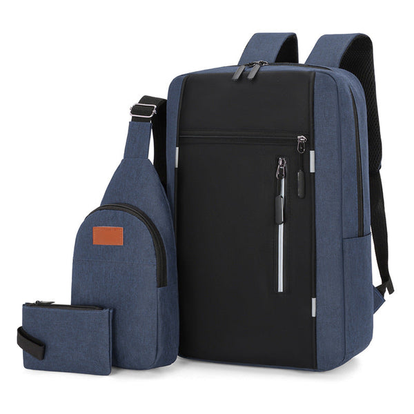 Blue 3 Piece Mens Backpack Set with Sling Bag and Pouch USB
