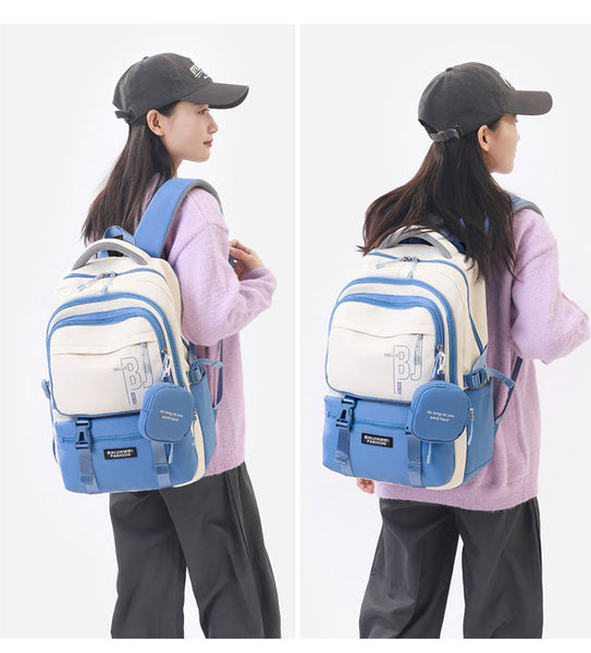 Blue and White Large Capacity Student Backpack - Durable