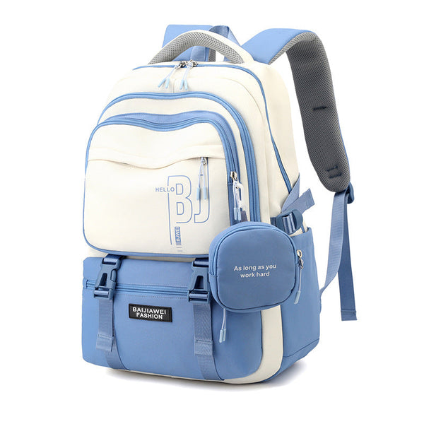 Blue and White Large Capacity Student Backpack - Durable