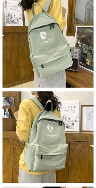 Daisy Embroidered Waterproof Backpack School Bag Green