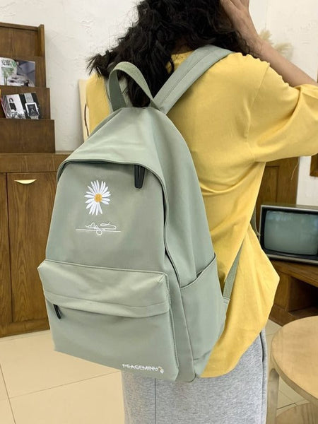Daisy Embroidered Waterproof Backpack School Bag Green