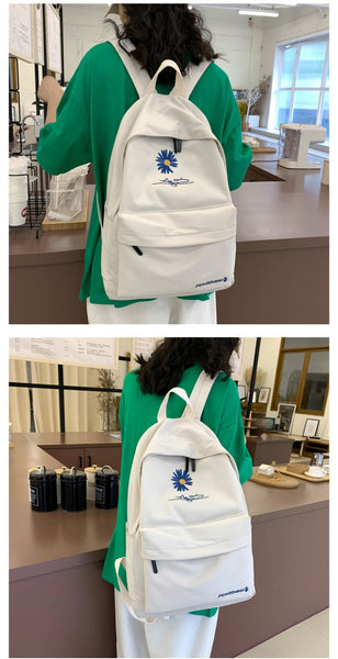 Daisy Embroidered Waterproof Backpack School Bag White
