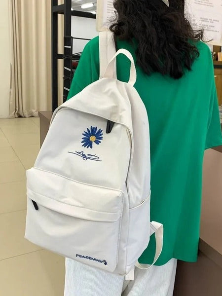 Daisy Embroidered Waterproof Backpack School Bag White