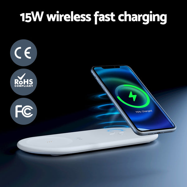 Devanti 3 in 1 Wireless Charger 15W Fast Charging RGB Light