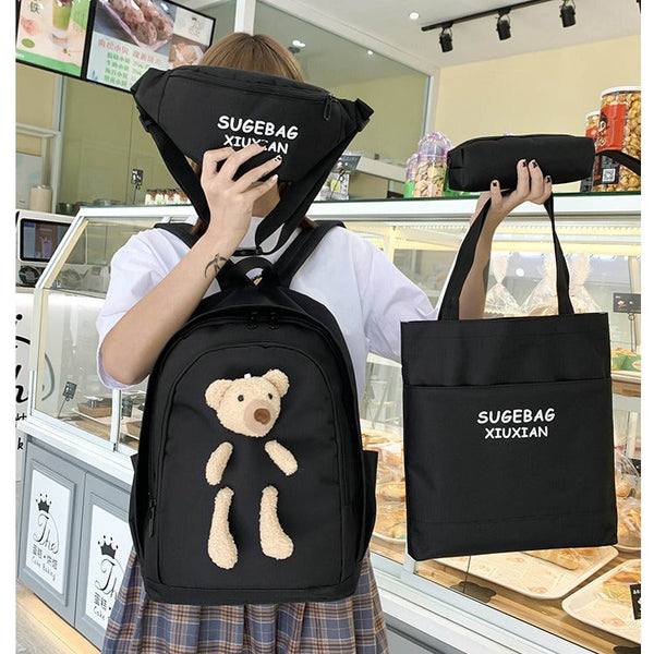Green Cute Little Bear Girls’ Backpack Set - Korean Style